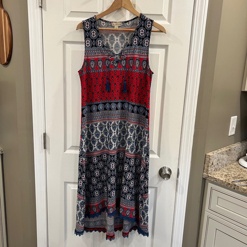 Live and Let Live Red‎ Blue Paisley Lace Up High Low Midi Dress Women Large